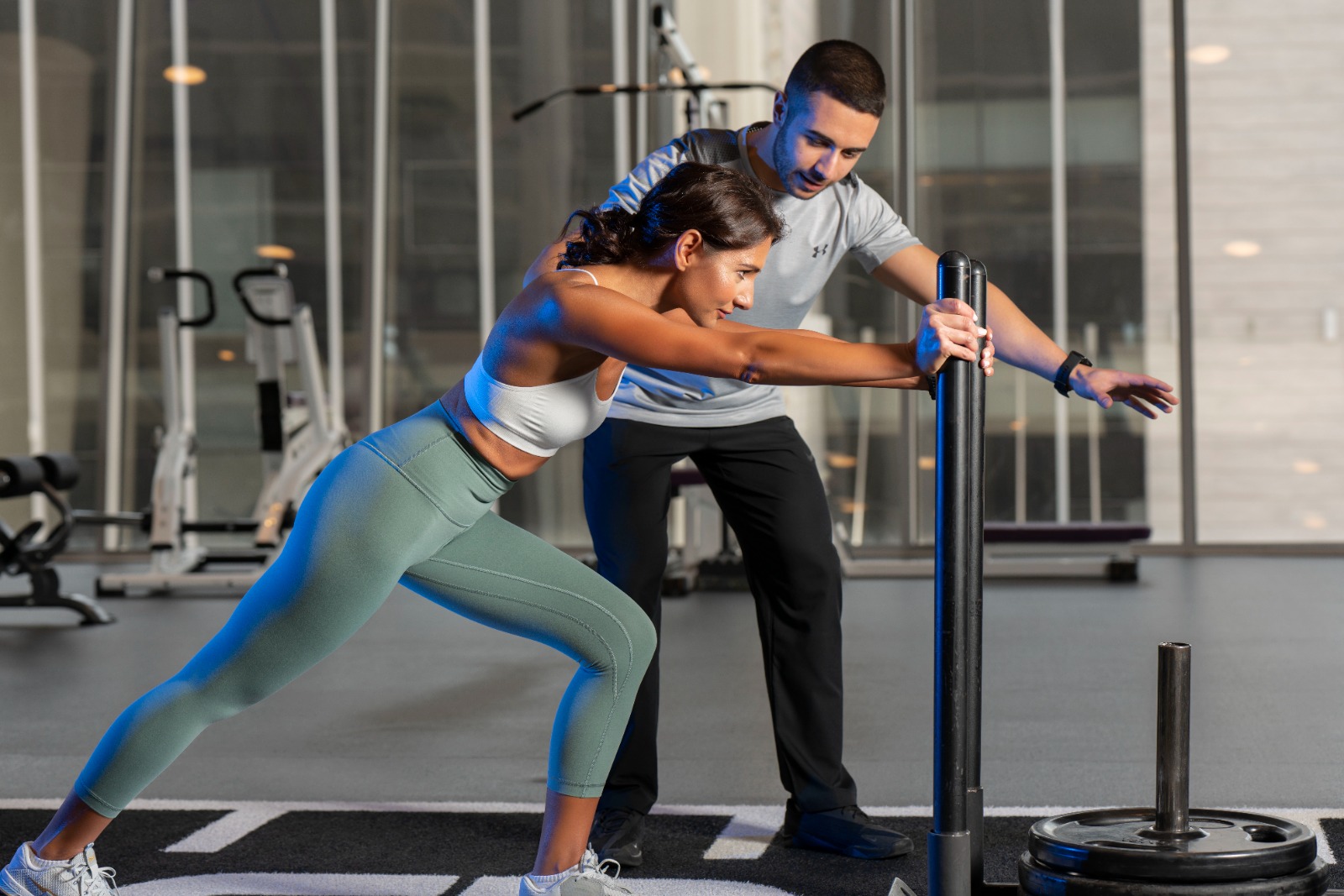 woman pushing weight with trainer